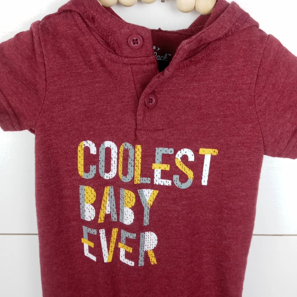 Cat & Jack boys size 0-3 mos coolest baby ever hooded romper burgundy letters